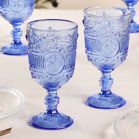 Vintage Blue Embossed Wine Goblet Glass
