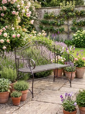 BROWN SCROLL HEART IRON GARDEN BENCH