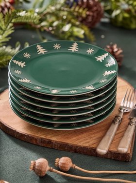 SET OF 6 WINTER SNOWFLAKE STONEWARE SIDE PLATES