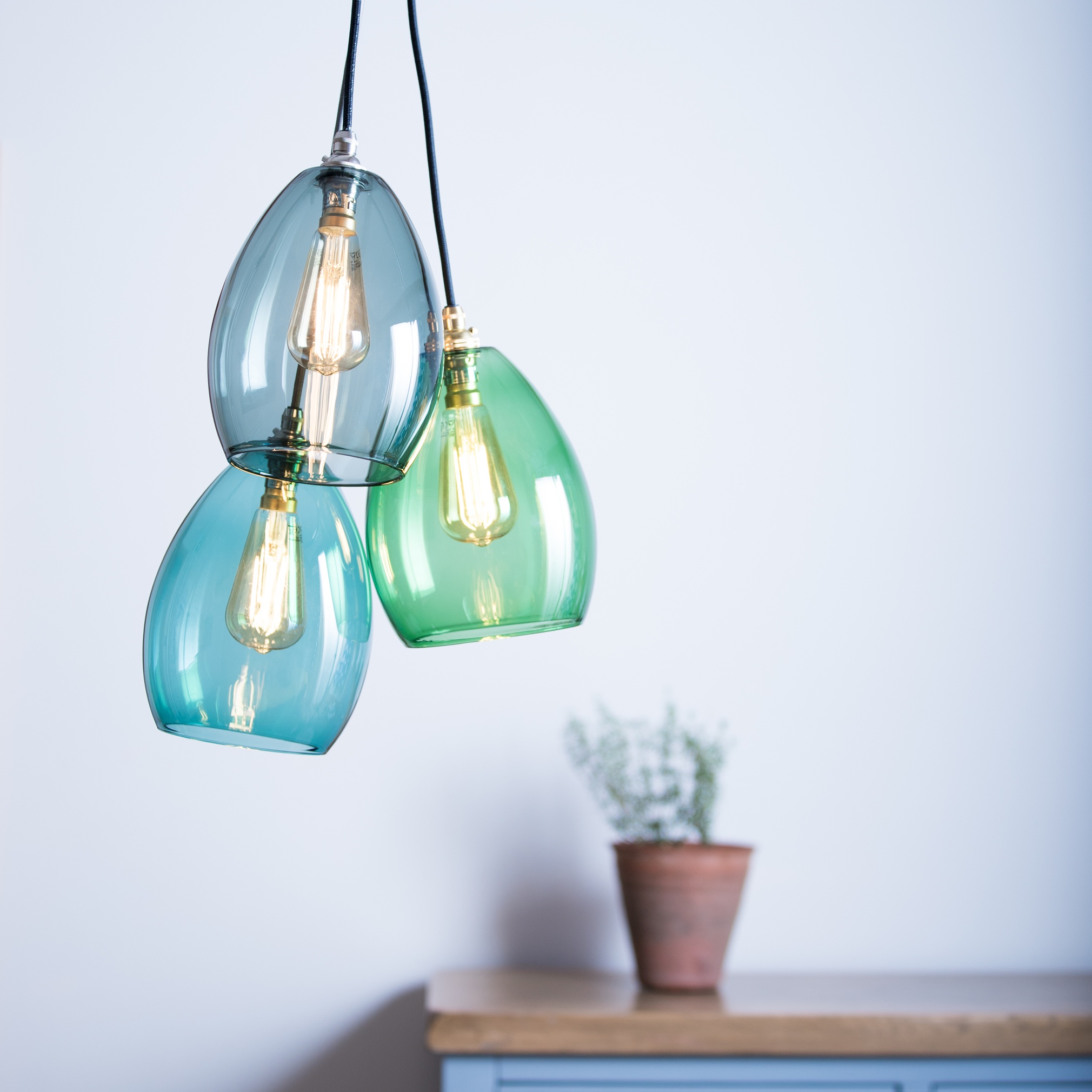 Medium Jules Coloured Glass 3 Way Cluster Chandelier Light in Smoke, Green and Teal
