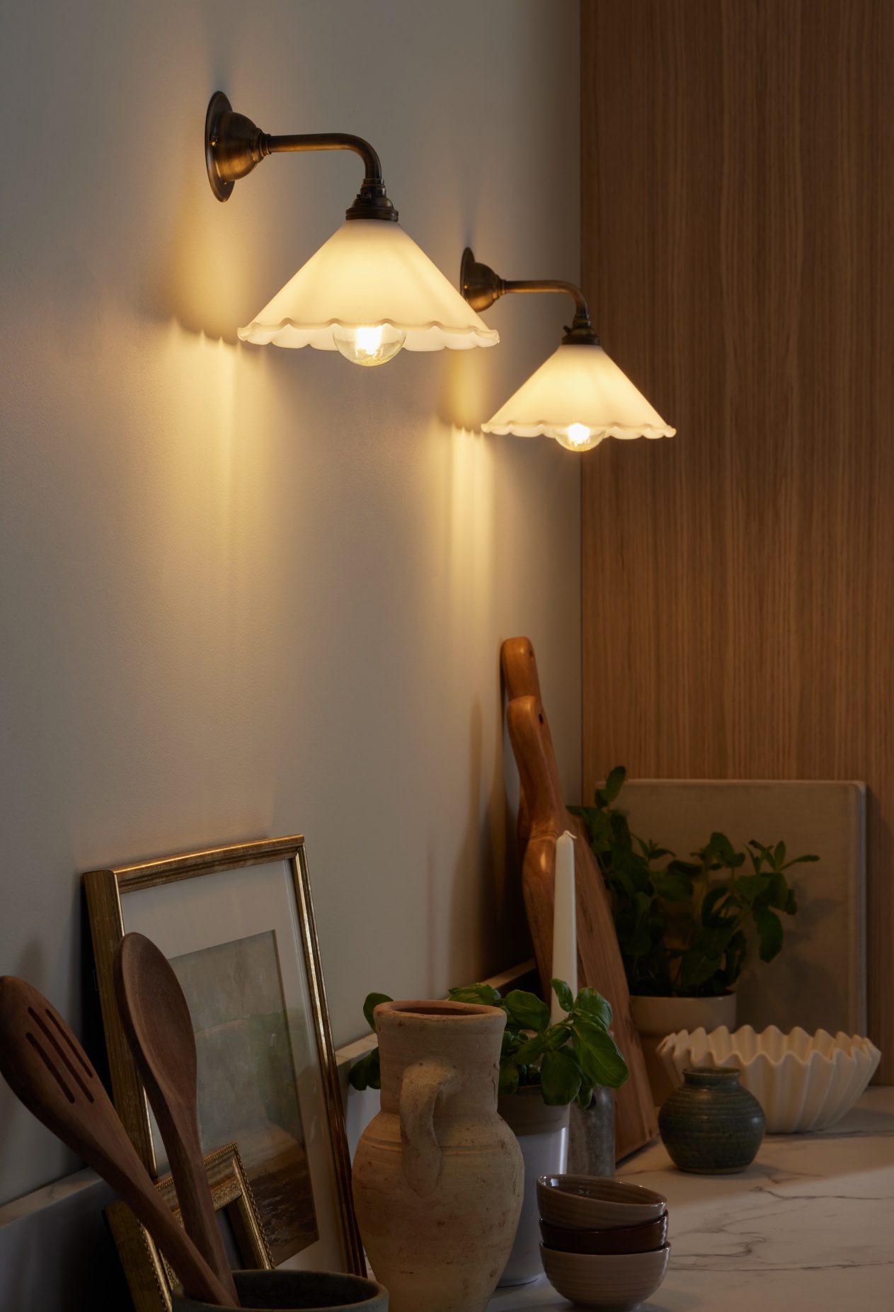Contemporary Florrie Frilled Coolie Glass Wall Light - Opal (White)