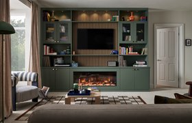 Sharps, Manhattan Mediawall With Integrated Fireplace In Willow Green With Natural Oak Slatted Feature Panels From £2,000