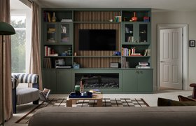 Sharps, Manhattan Mediawall With Integrated Fireplace In Willow Green With Natural Oak Slatted Feature Panels From £2,000