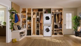 Sharps, Manhattan Utility Room In Soft Linen With Natural Oak Slatted Feature Panels