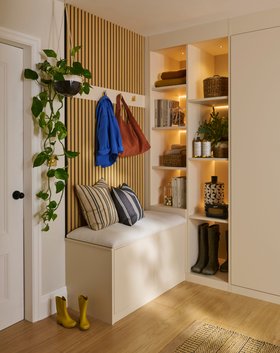 Sharps, Manhattan Utility Room In Soft Linen With Natural Oak Slatted Feature Panels