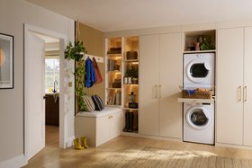 Sharps, Manhattan Utility Room In Soft Linen With Natural Oak Slatted Feature Panels