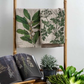 Linoroom “Parsley & Bay,” Pair of linen printed tea towels.