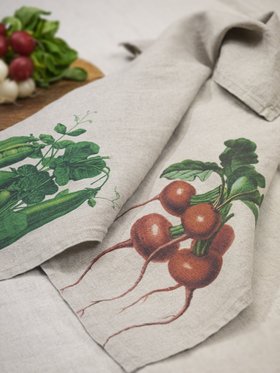 Linoroom “Radish & Peas,” Pair of linen printed tea towels.