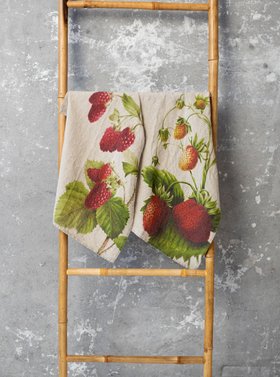 Linoroom “Strawberry & Raspberry,” Pair of linen printed tea towels.