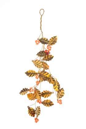 Brass Hanging Holly Bunch 27cm