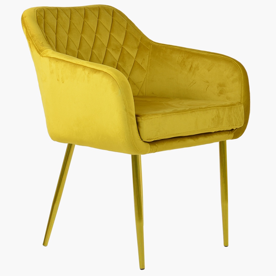 Langham Carver Dining Chair Mustard Yellow Velvet & Gold Legs
