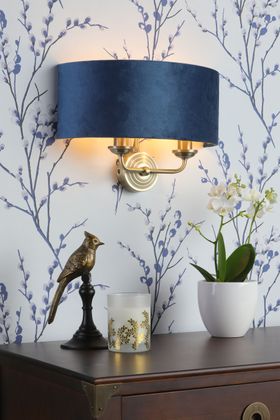 Sorrento 2 Light Wall Light Antique Brass & Blue Shade