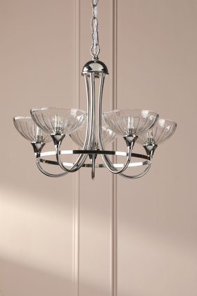 Wellham 5 Light Armed Pendant Polished Nickel and Ribbed Glass