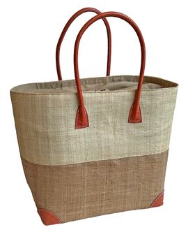 Two Tone Raffia Basket Bag in Natural and Tea / Beige