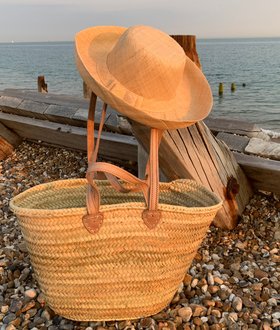 Small Double Handle Palm Basket with a raffia Mimosa Hat