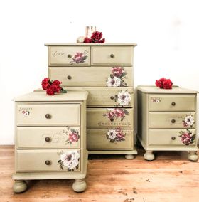 Green Floral Pine Bedroom Set