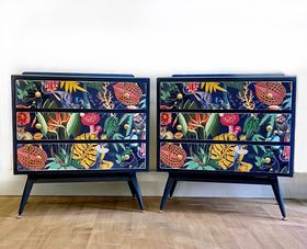 Retro Pair Chest Of Drawers Beside Cabinets Tables Art Deco Navy Blue & Gold Painted.jpeg