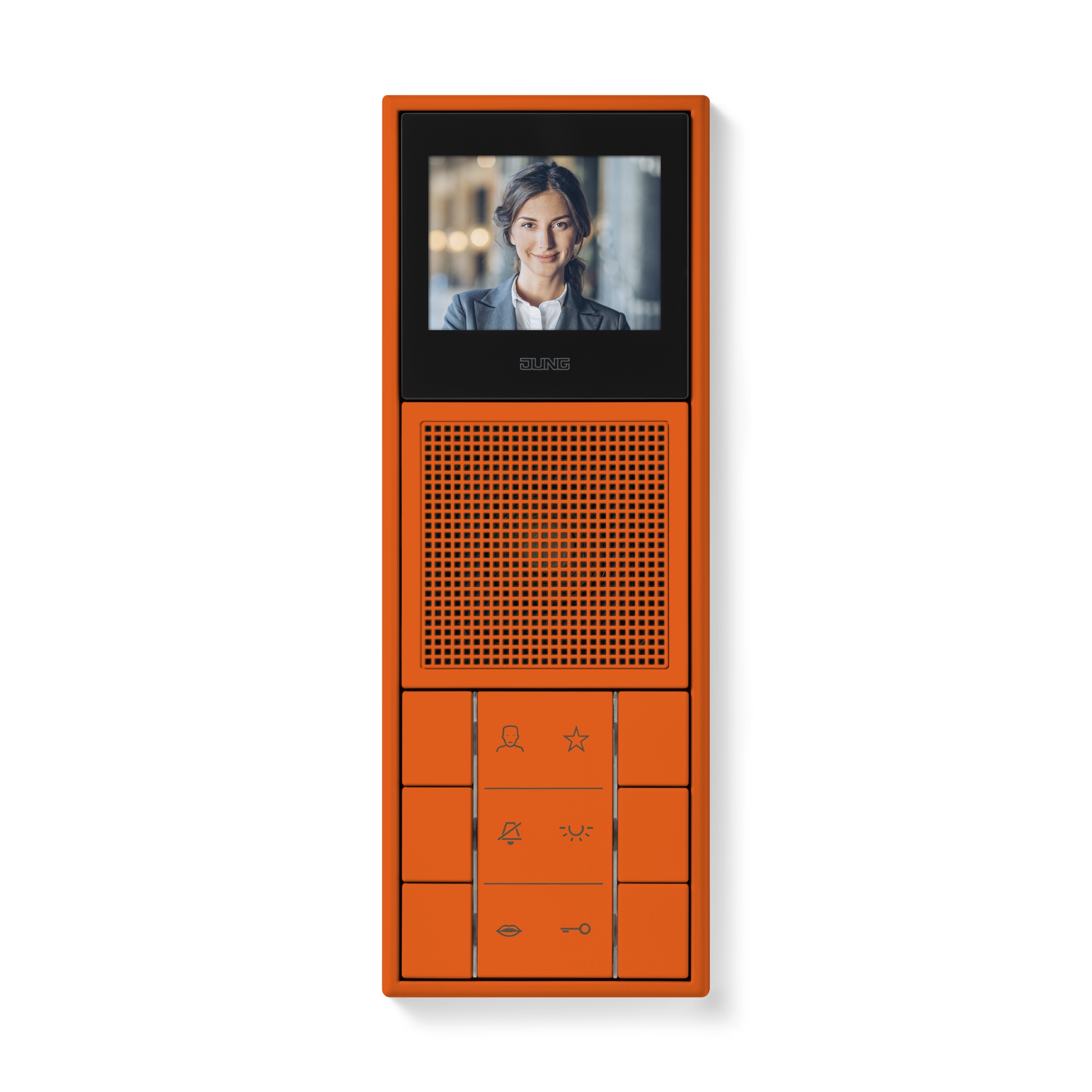 JUNG Video-Innenstation im Programm LS 990 im kräftigen „orange vif“.