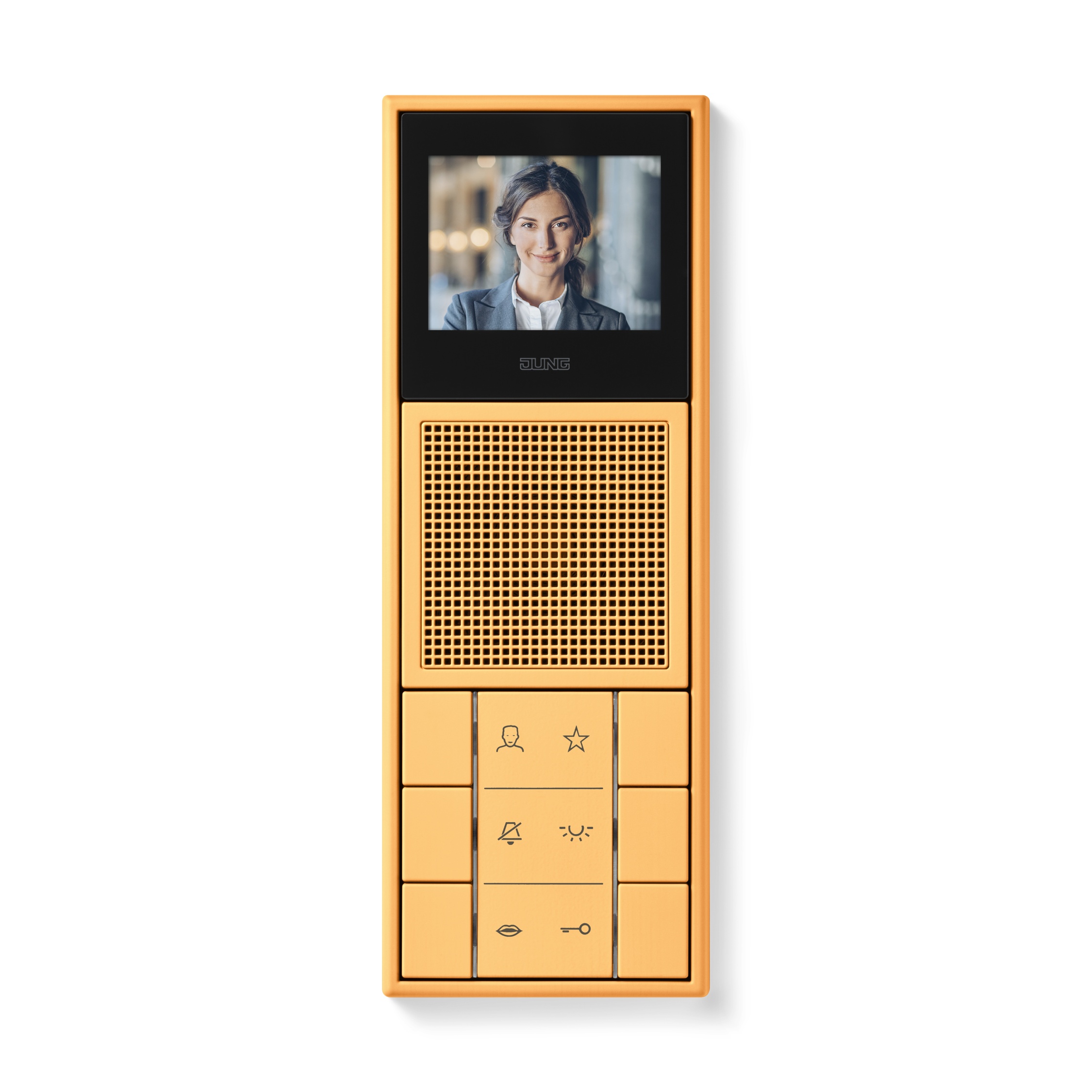 JUNG Video-Innenstation im Programm LS 990 im goldigen „ocre jaune clair“.