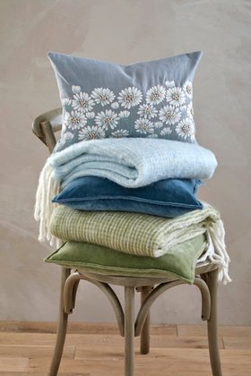 Lamb's Tail Mini Check Throw Stack Sky And Pale Olive W Daisy Cushion And Washed Velvet Cushions Olive & Smoke Blue Mid Res
