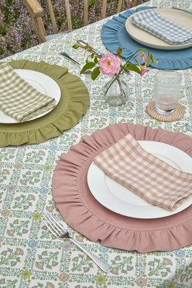 Trellis tablescape with ruffle edged placemats