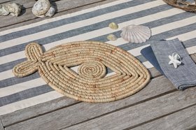 Raffia fish mat W Wide stripe slate blue