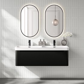 Bathroom Mountain Sorrento Fluted Matt Black Wall Hung Double Basin Drawer Vanity 1200mm