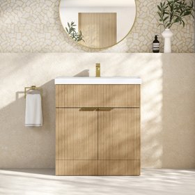 Havana Fluted Country Oak Basin Vanity 800mm - Brushed Brass Accents