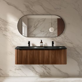 Sorrento Fluted Black Walnut Wall Hung Drawer Vanity with Black Double Basin 1200mm