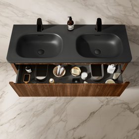 Sorrento Fluted Black Walnut Wall Hung Drawer Vanity with Black Double Basin 1200mm