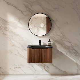 Sorrento Fluted Black Walnut Wall Hung Drawer Vanity with Black Basin 600mm