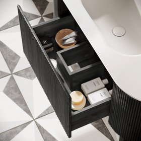 Positano Black Oak Curved Vanity Unit 1200mm From Bathroom Mountain