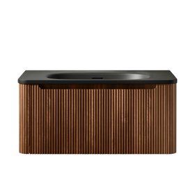 Sorrento Fluted Black Walnut Wall Hung Drawer Vanity with Black Basin 800mm