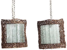 A Pair of 1970's Glass Shard and Wicker Lantern Pendants