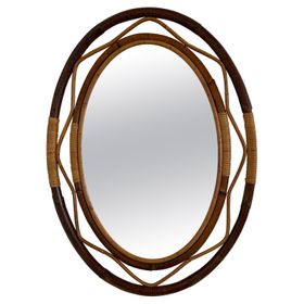 Mid-Century Modern French Wicker and Cane Oval Wall Mirror, 1960s