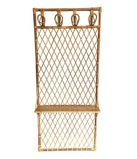 1970S FRENCH RIVIERA RATTAN AND BAMBOO COAT RACK WITH WOODEN SHELF