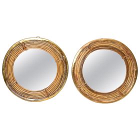 Circular Pair of Rattan and Brass Mirrors, circa 1970