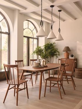 ercol Fairmile Large Extending Dining Table with ercol Fairmile chairs, in a vintage ash finish
