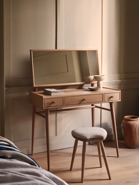 ercol Winslow Dressing Table in a Dead Matt finish and the ercol Saddle Stool