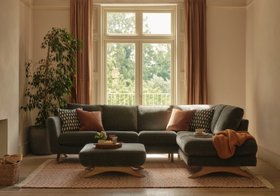 ercol Ballard Corner Chaise RHF and Footstool in an Oak on Ash Finish and Denim Fabric