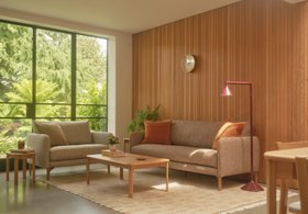 ercol Aosta Large Sofa and Snuggler in an Oak Clear Matt Finish and Rust Fabric