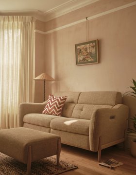 ercol Bronte Large Recliner Sofa and Footstool in an Oak on Ash Finish and an Oatmeal Finish