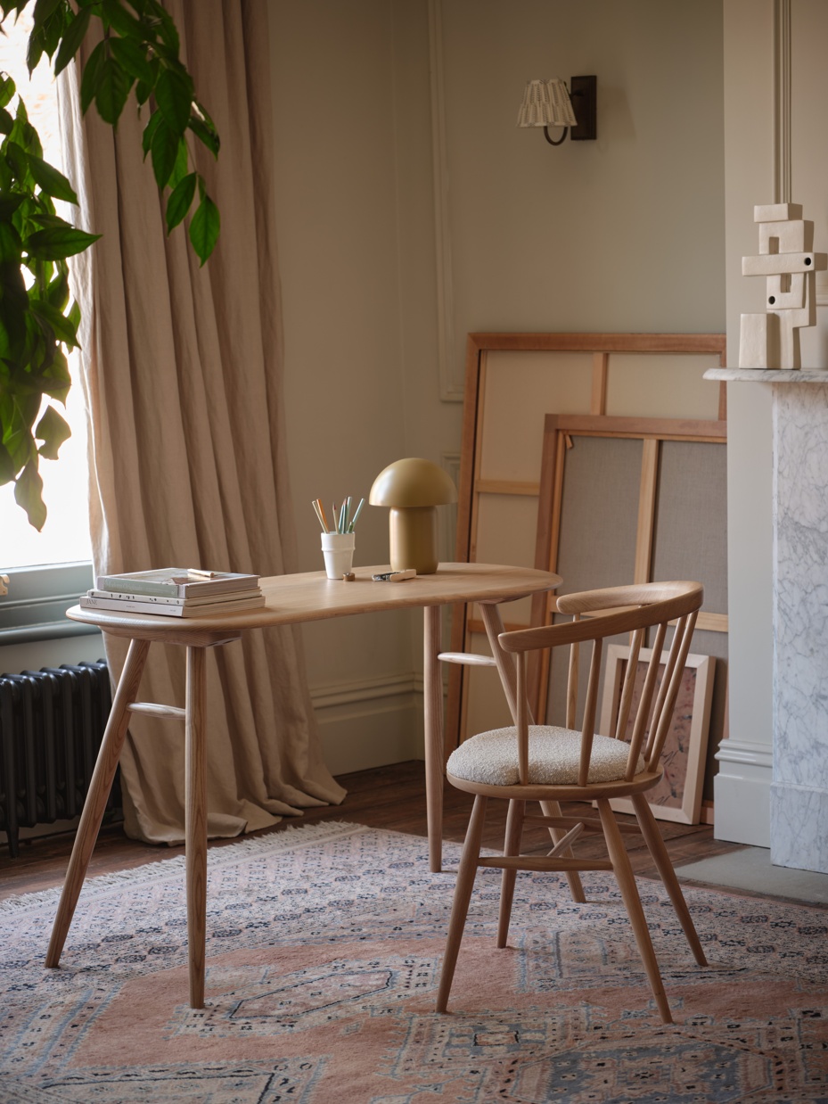 ercol Bix Desk in an Oak on Ash finish with an ercol Heritage Armchair in a Dead Matt Oak finish
