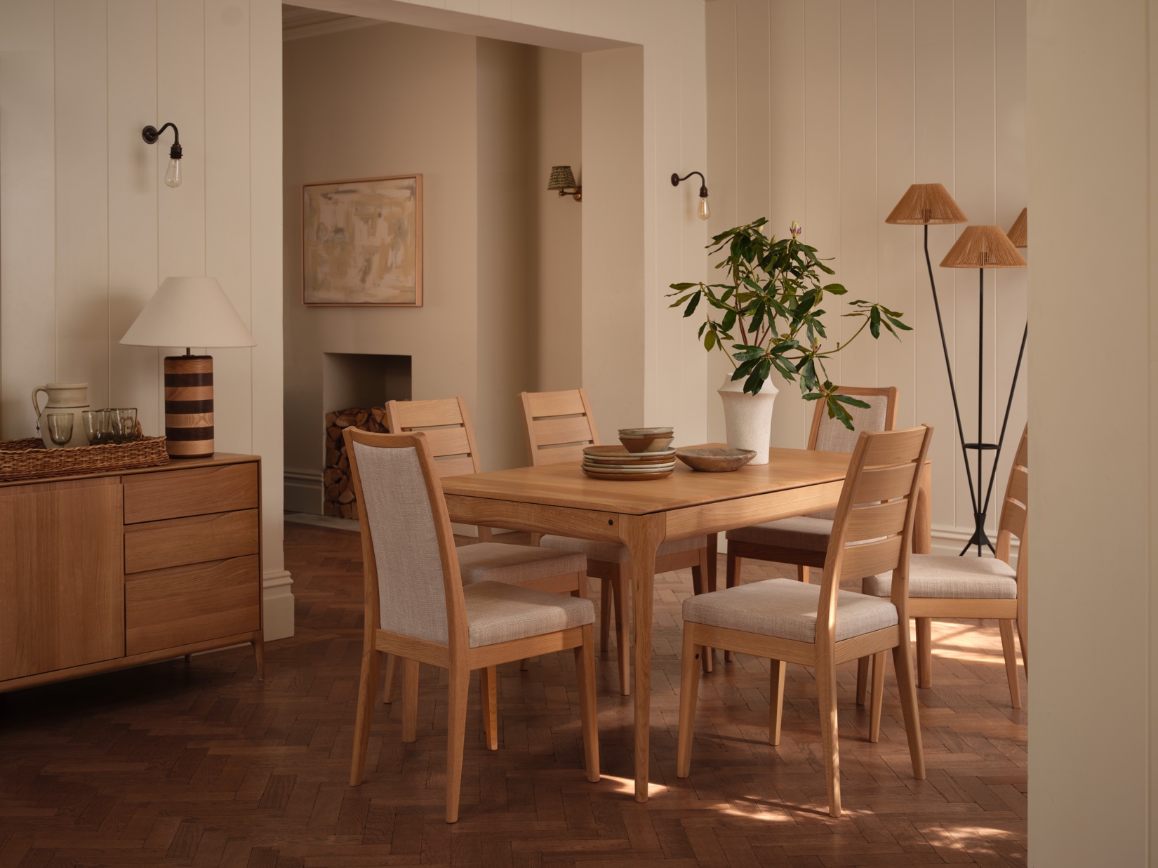ercol Romana Medium Extending Dining Table and Romana Padded Back Dining Chair in a Clear Natural Finish