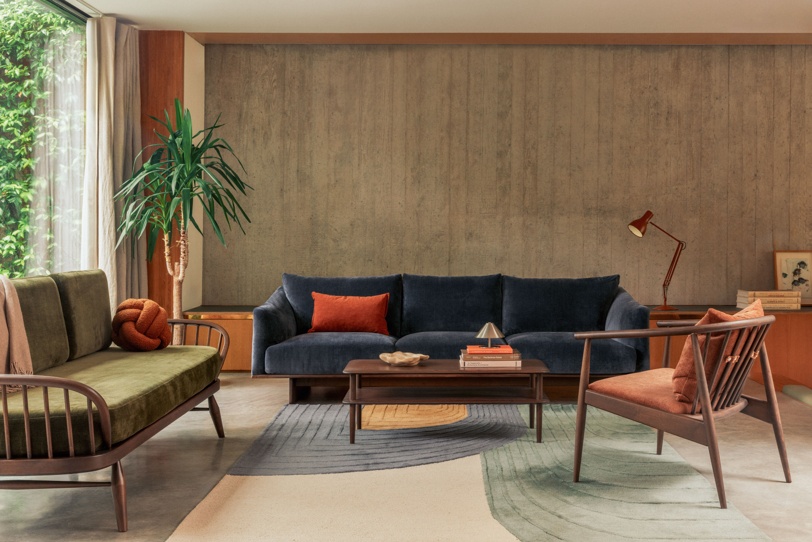 ercol Grade Three Seater Sofa, Studio Couch, Reprise Chair and Stack Coffee Table in Dark and Vintage Finishes