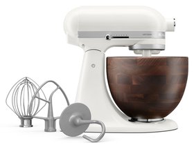 KitchenAid Artisan 4.7L Porcelain White Stand Mixer With Walnut Wood Bowl