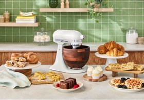 KitchenAid Artisan 4.7L Porcelain White Stand Mixer With Walnut Wood Bowl Lifestyle