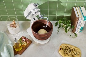 KitchenAid Artisan 4.7L Porcelain White Stand Mixer With Walnut Wood Bowl Lifestyle