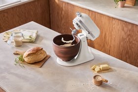KitchenAid Artisan 4.7L Porcelain White Stand Mixer With Walnut Wood Bowl Lifestyle
