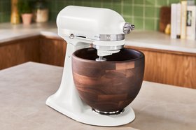 KitchenAid Artisan 4.7L Porcelain White Stand Mixer With Walnut Wood Bowl Lifestyle